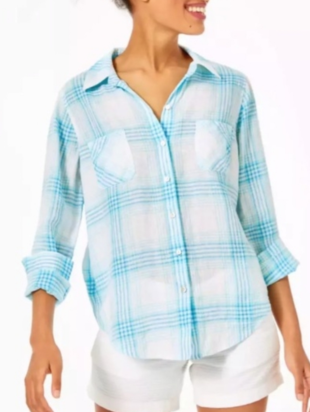 Lilly Pulitzer Sea View Linen Button Down Top In Blue Ibiza XS
